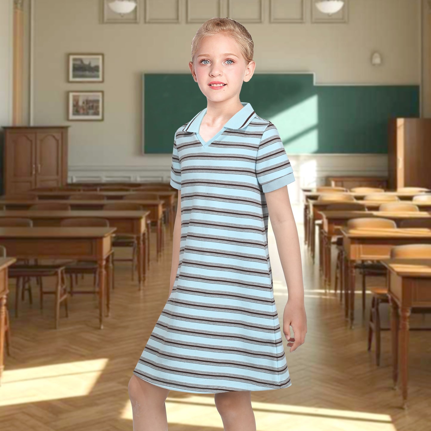 Girls Dress Sky Blue T-Shirt Basic Top Classic Loose Straight Cotton Blue