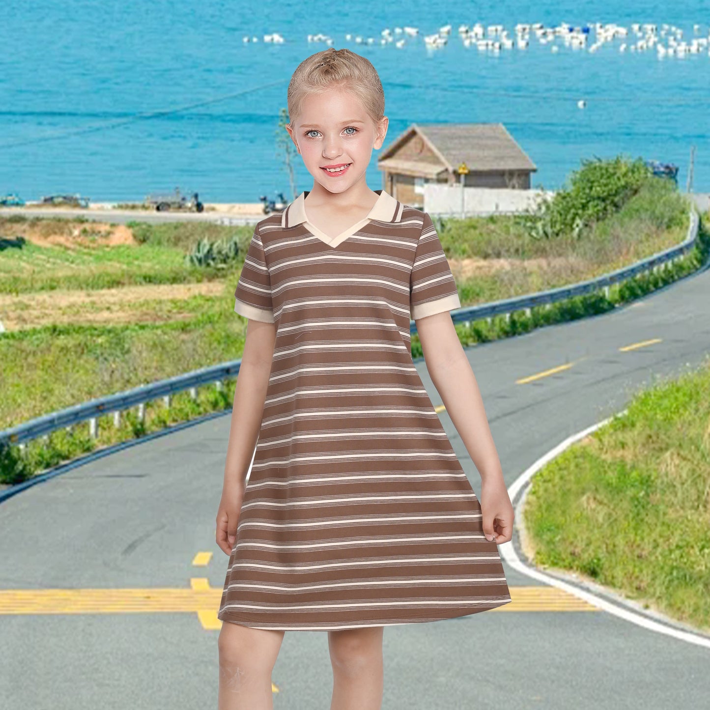 Girls Dress Sky Blue T-Shirt Basic Top Classic Loose Straight Cotton Brown