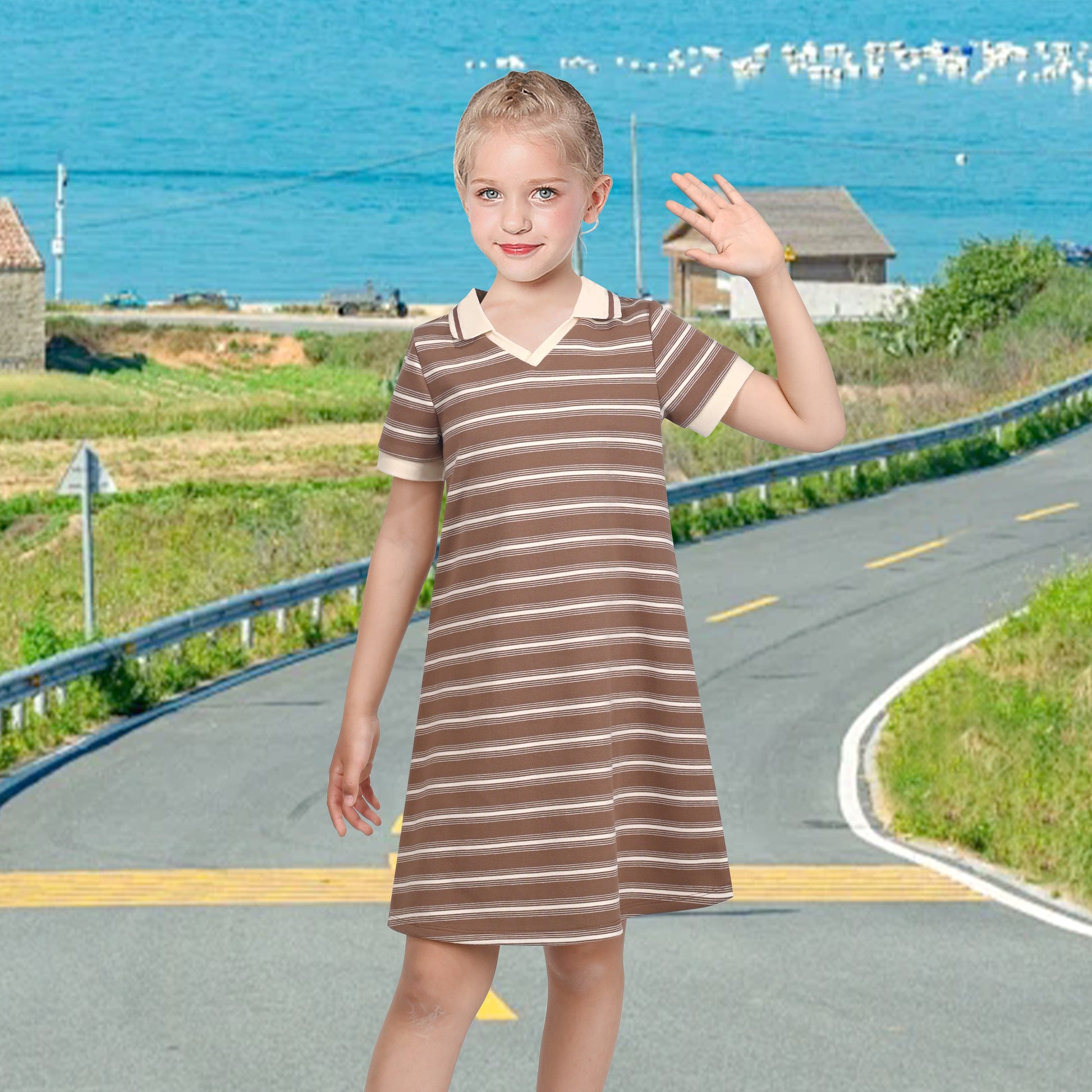 Girls Dress Sky Blue T-Shirt Basic Top Classic Loose Straight Cotton Brown