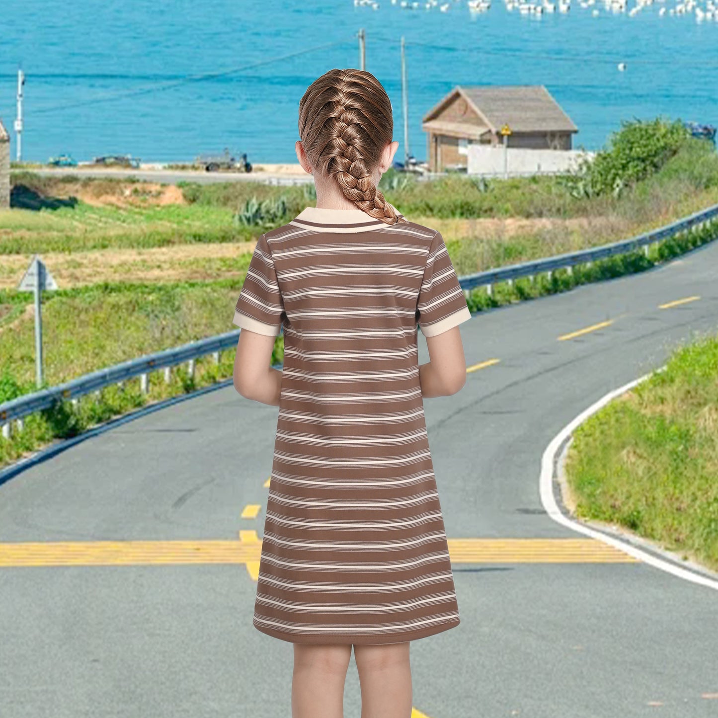 Girls Dress Sky Blue T-Shirt Basic Top Classic Loose Straight Cotton Brown