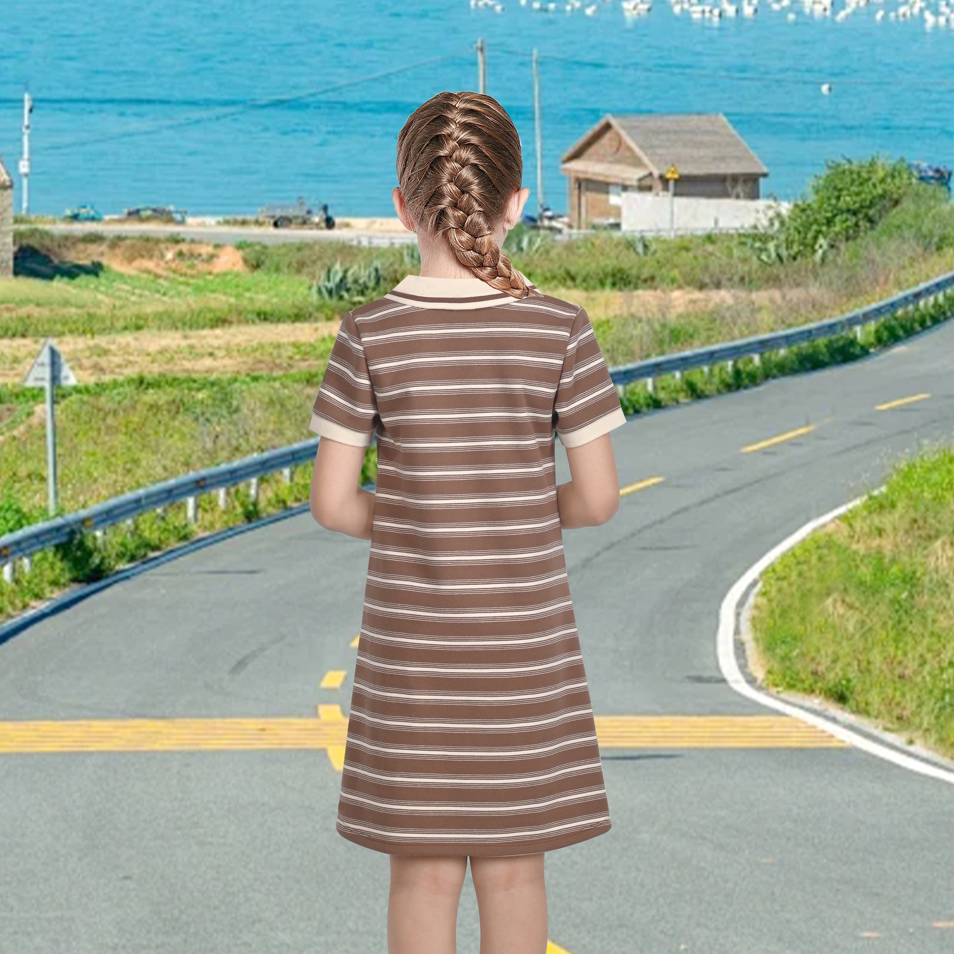 Girls Dress Sky Blue T-Shirt Basic Top Classic Loose Straight Cotton Brown
