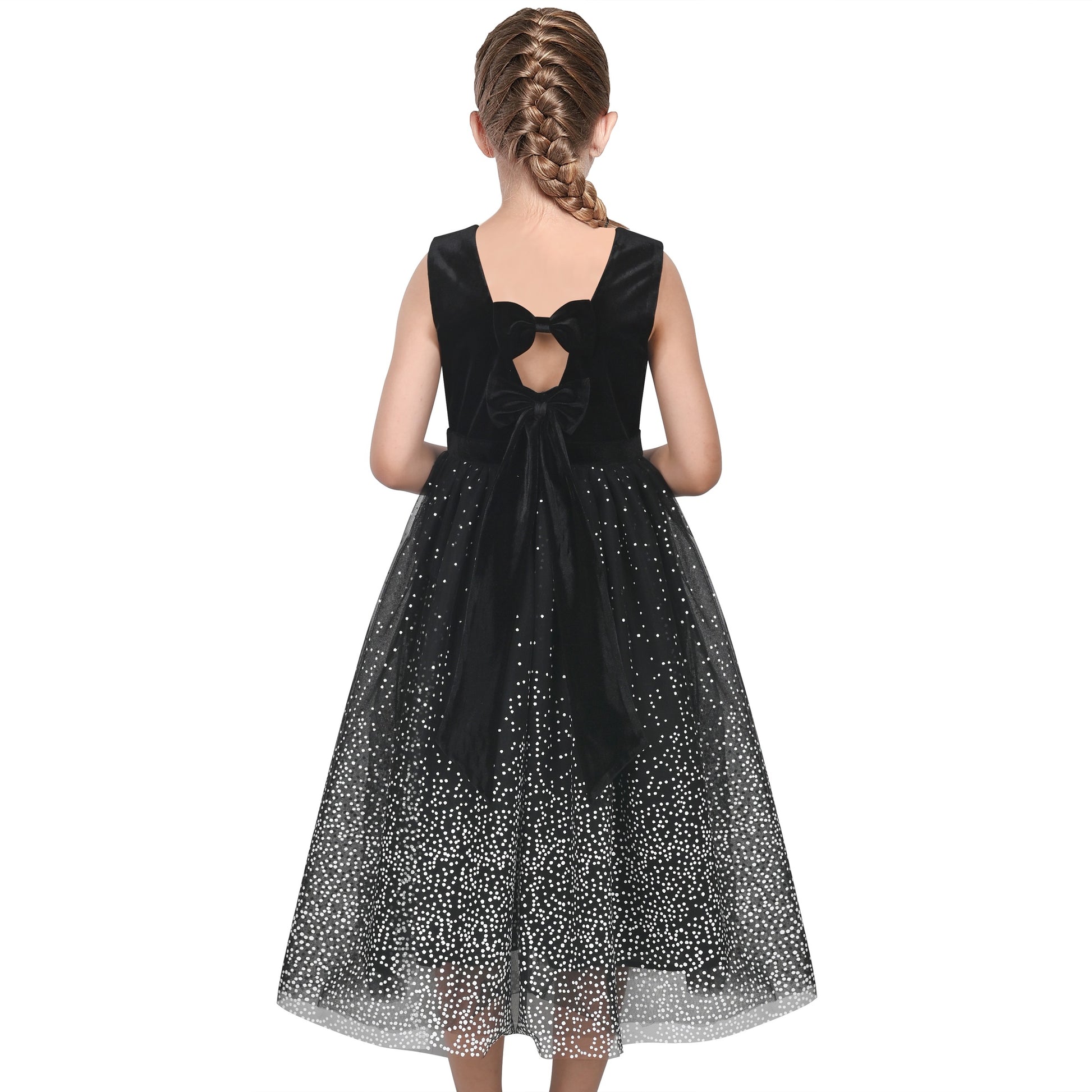 Girls Dress Purple V-neck Backless Glitter Tulle Pageant Wedding Princess Black