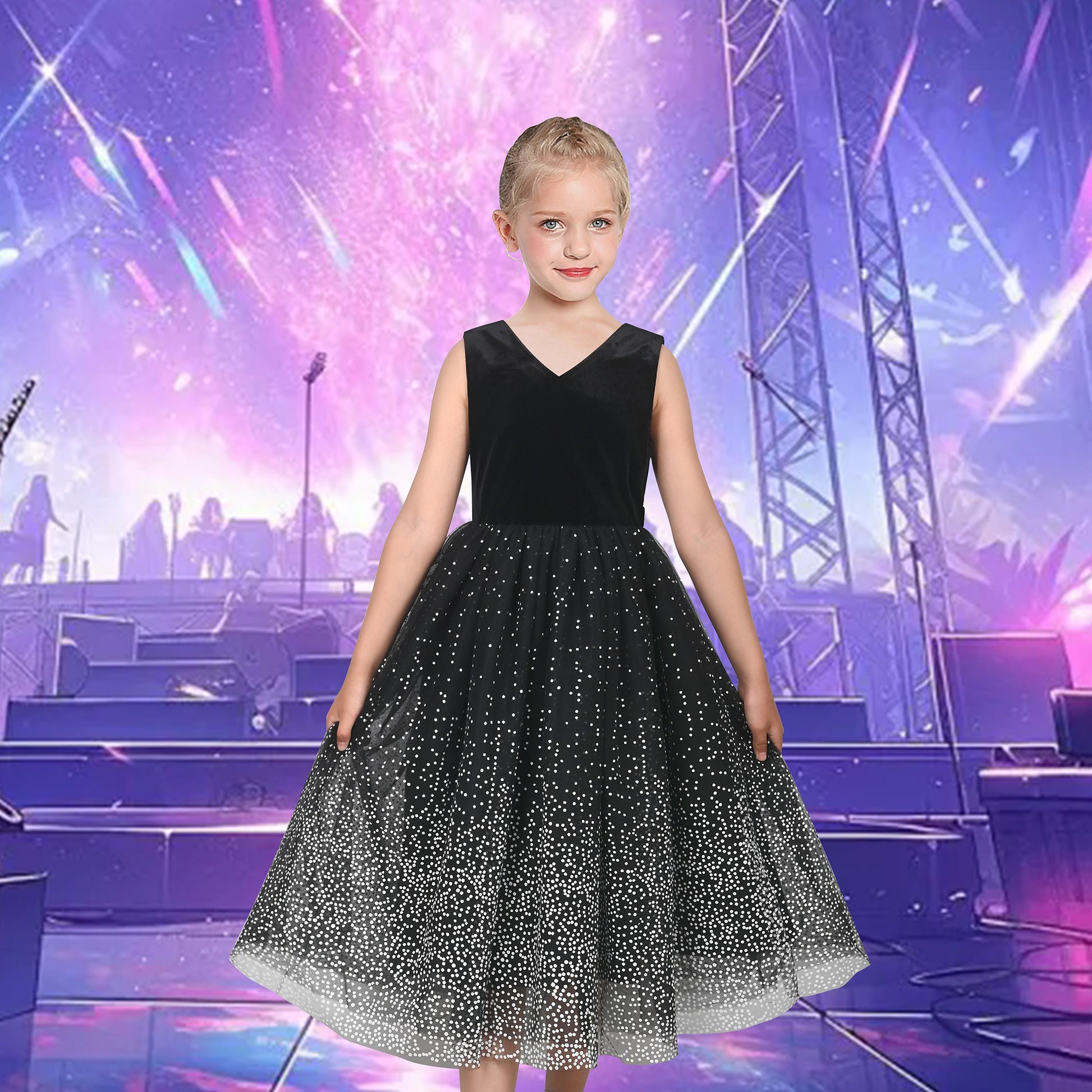 Girls Dress Purple V-neck Backless Glitter Tulle Pageant Wedding Princess Black