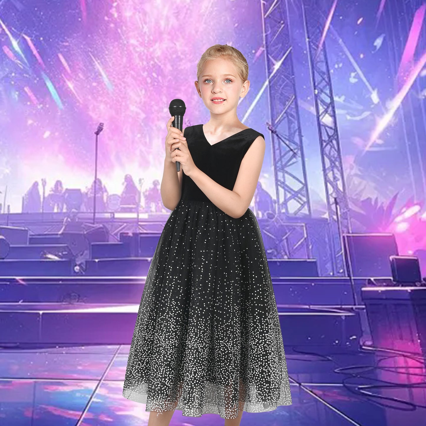 Girls Dress Purple V-neck Backless Glitter Tulle Pageant Wedding Princess Black