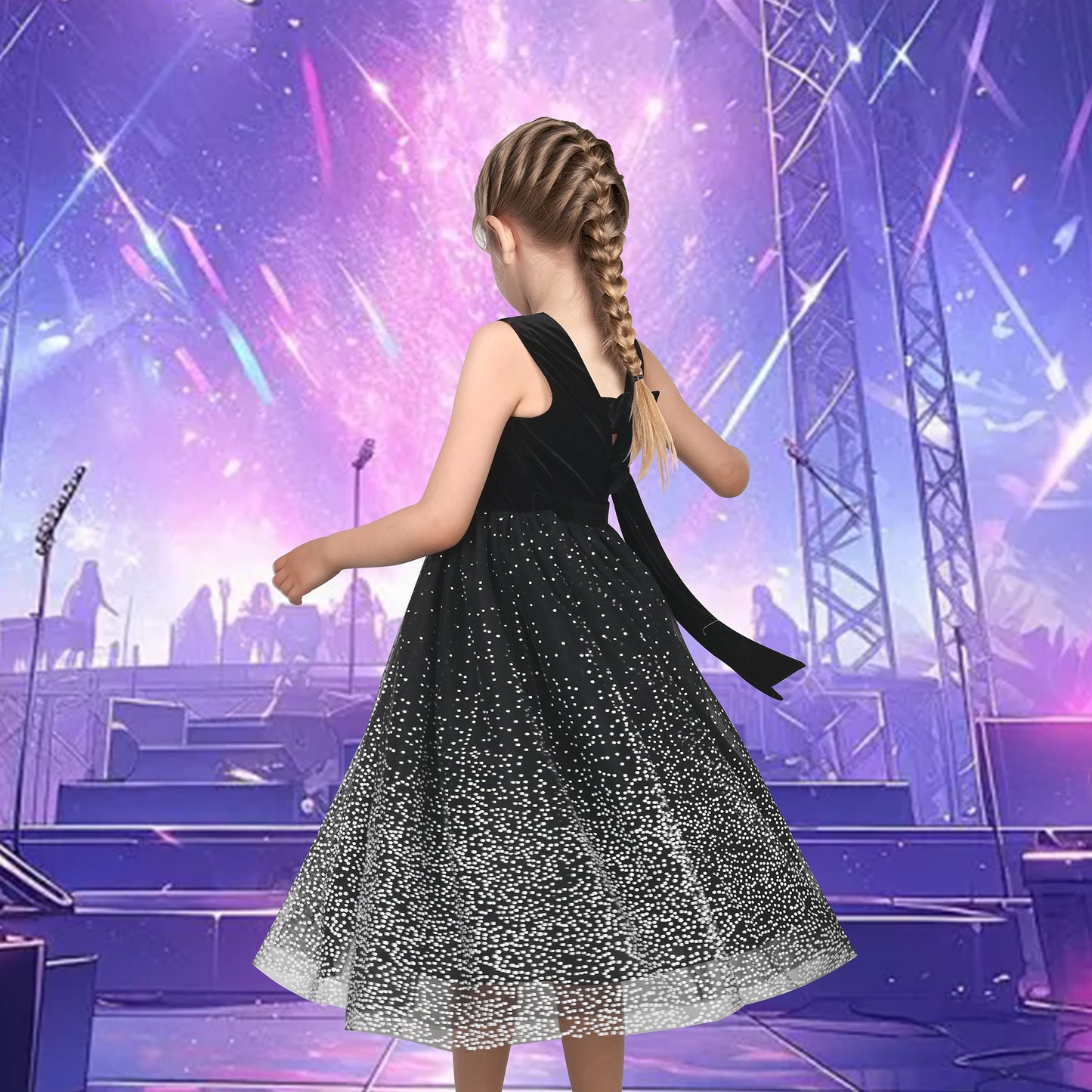 Girls Dress Purple V-neck Backless Glitter Tulle Pageant Wedding Princess Black