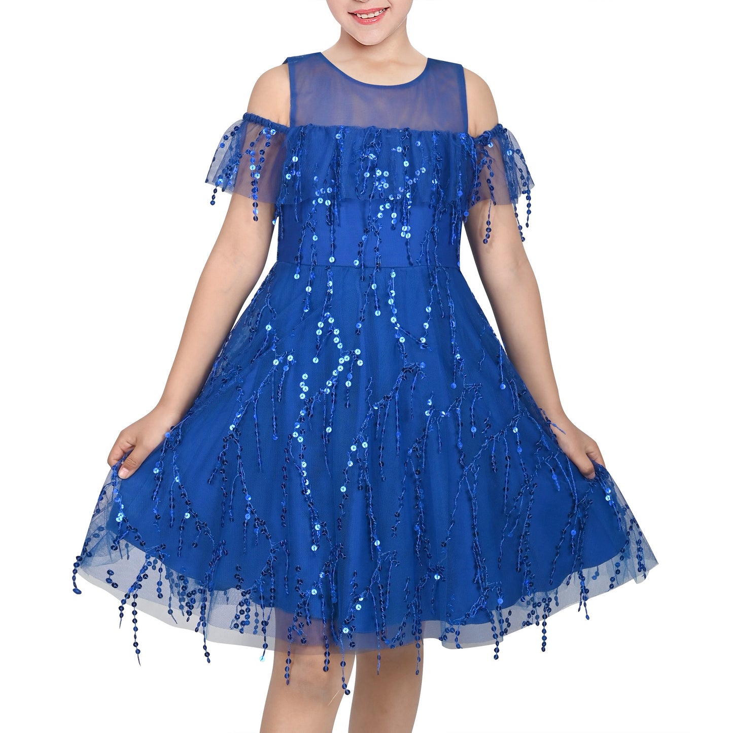 Girls Dress Cold Shoulder Sleeveless Lace Flower Ruffle Blue