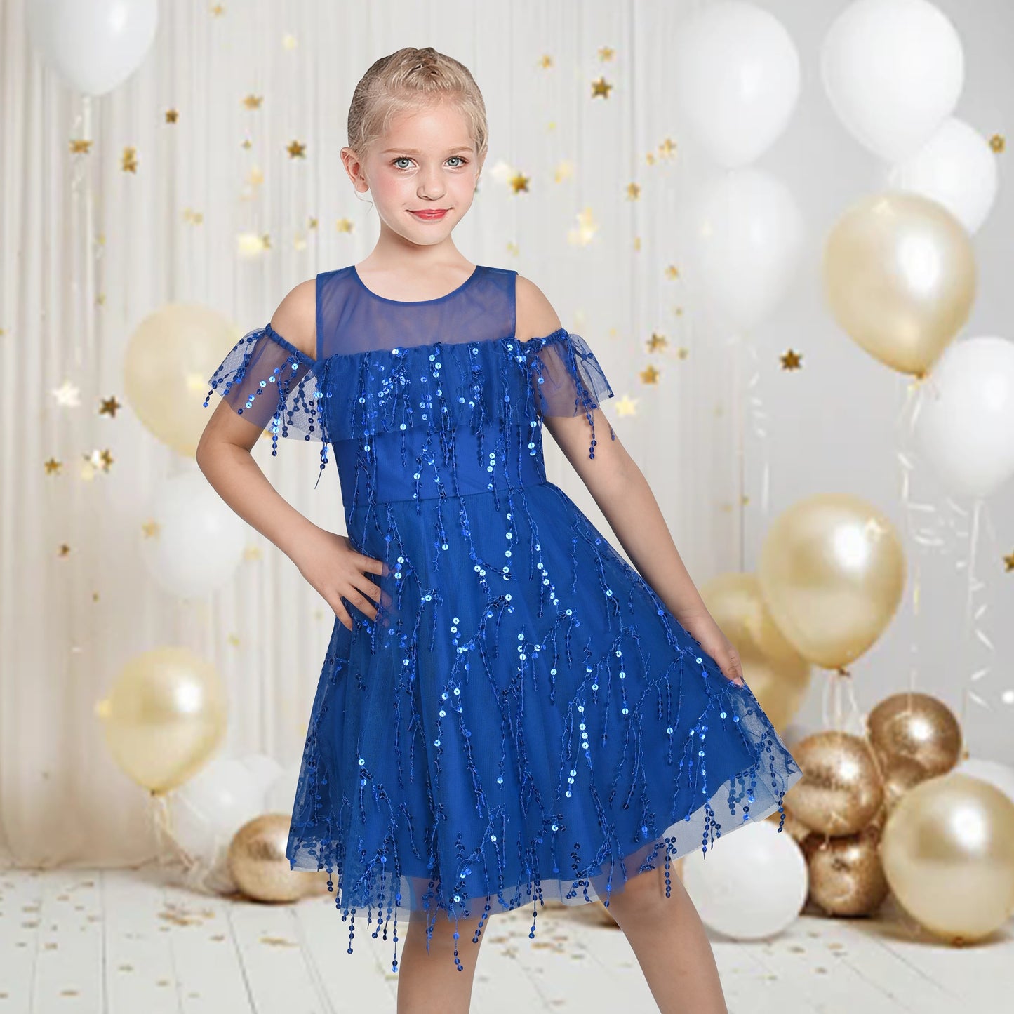 Girls Dress Cold Shoulder Sleeveless Lace Flower Ruffle Blue