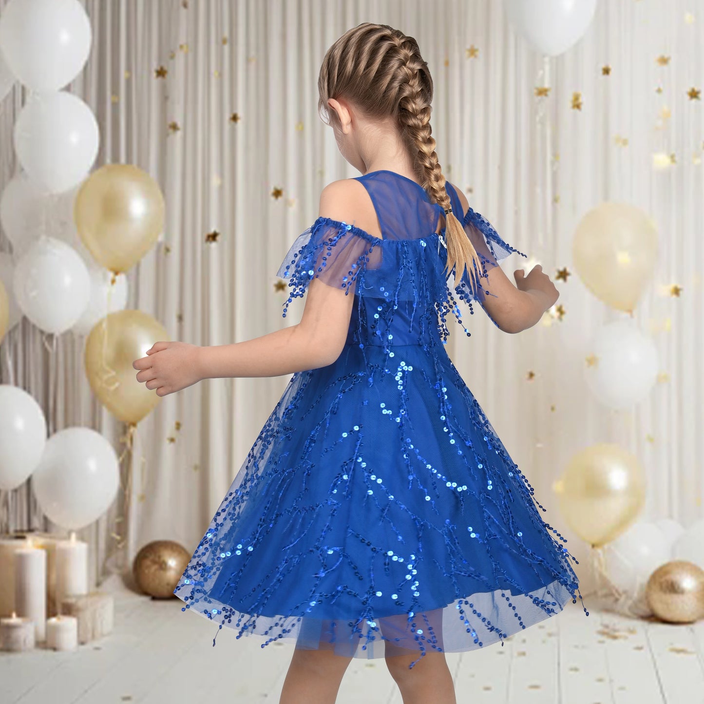 Girls Dress Cold Shoulder Sleeveless Lace Flower Ruffle Blue