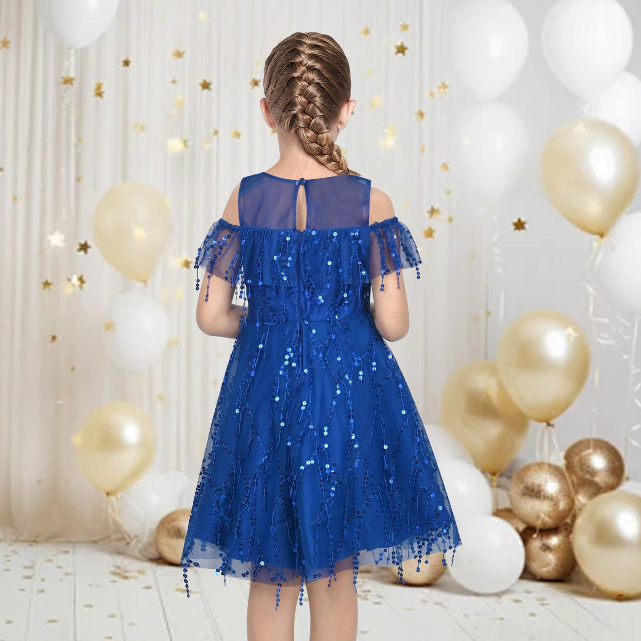 Girls Dress Cold Shoulder Sleeveless Lace Flower Ruffle Blue