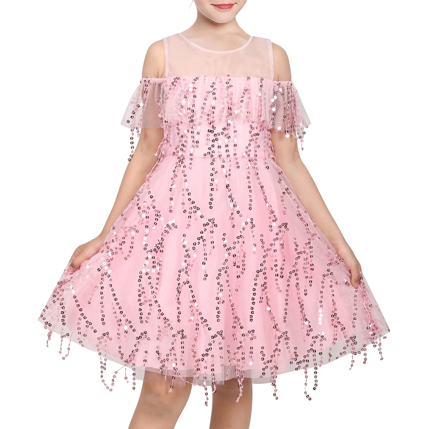 Girls Dress Cold Shoulder Sleeveless Lace Flower Ruffle Pink