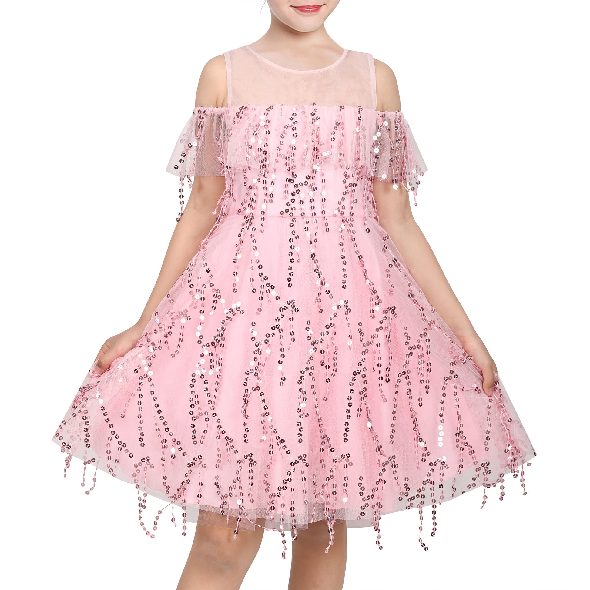 Girls Dress Cold Shoulder Sleeveless Lace Flower Ruffle Pink