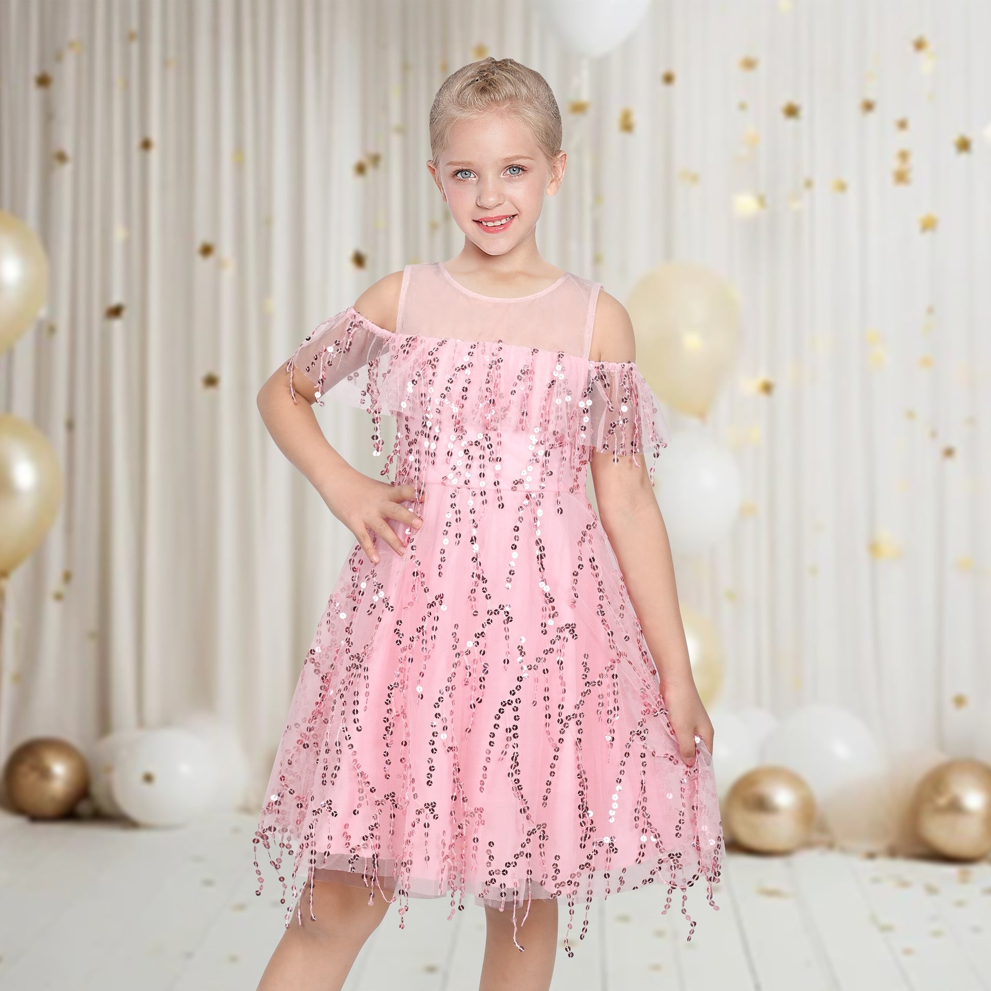 Girls Dress Cold Shoulder Sleeveless Lace Flower Ruffle Pink