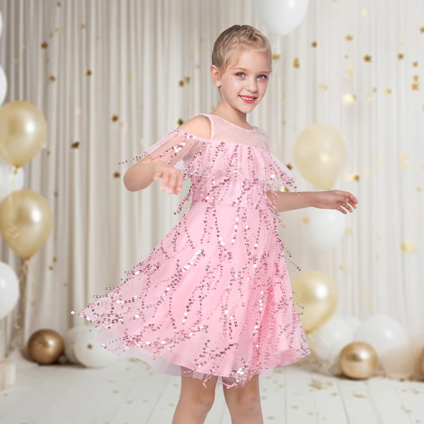 Girls Dress Cold Shoulder Sleeveless Lace Flower Ruffle Pink