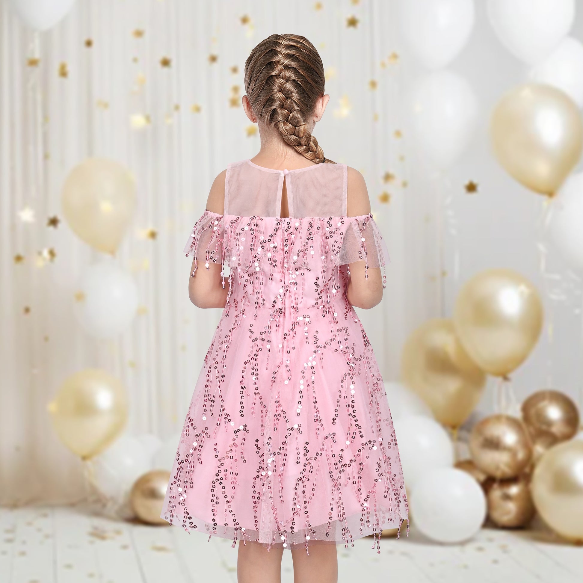 Girls Dress Cold Shoulder Sleeveless Lace Flower Ruffle Pink
