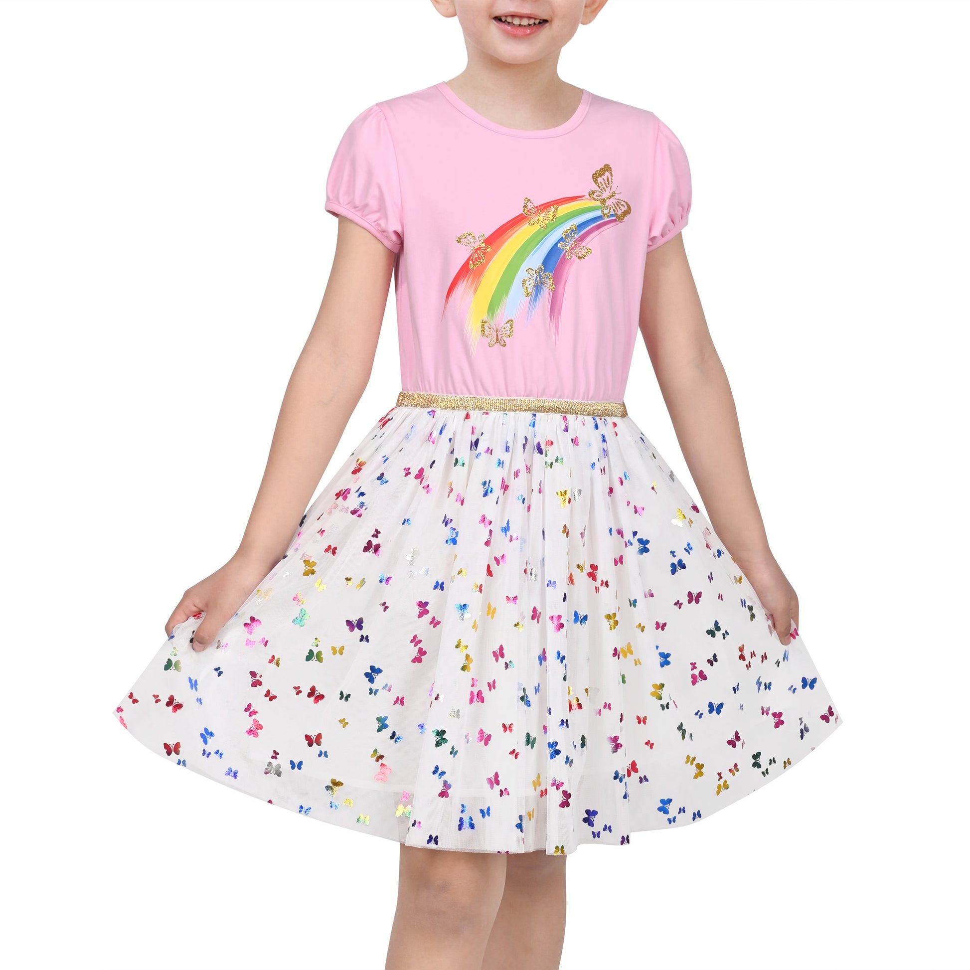 Girls Dress Dancing Girl Print Tutu Short Sleeve Sundress Multi-Color
