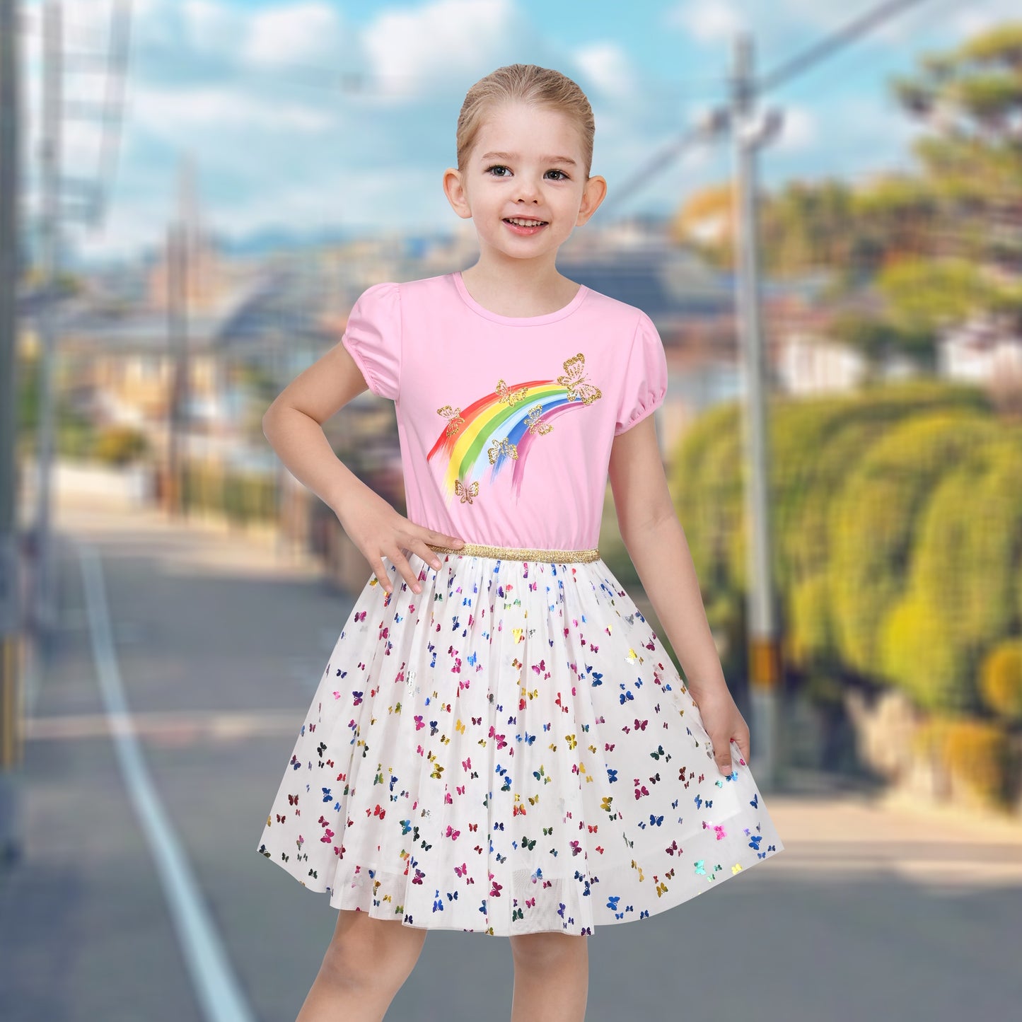 Girls Dress Dancing Girl Print Tutu Short Sleeve Sundress Multi-Color