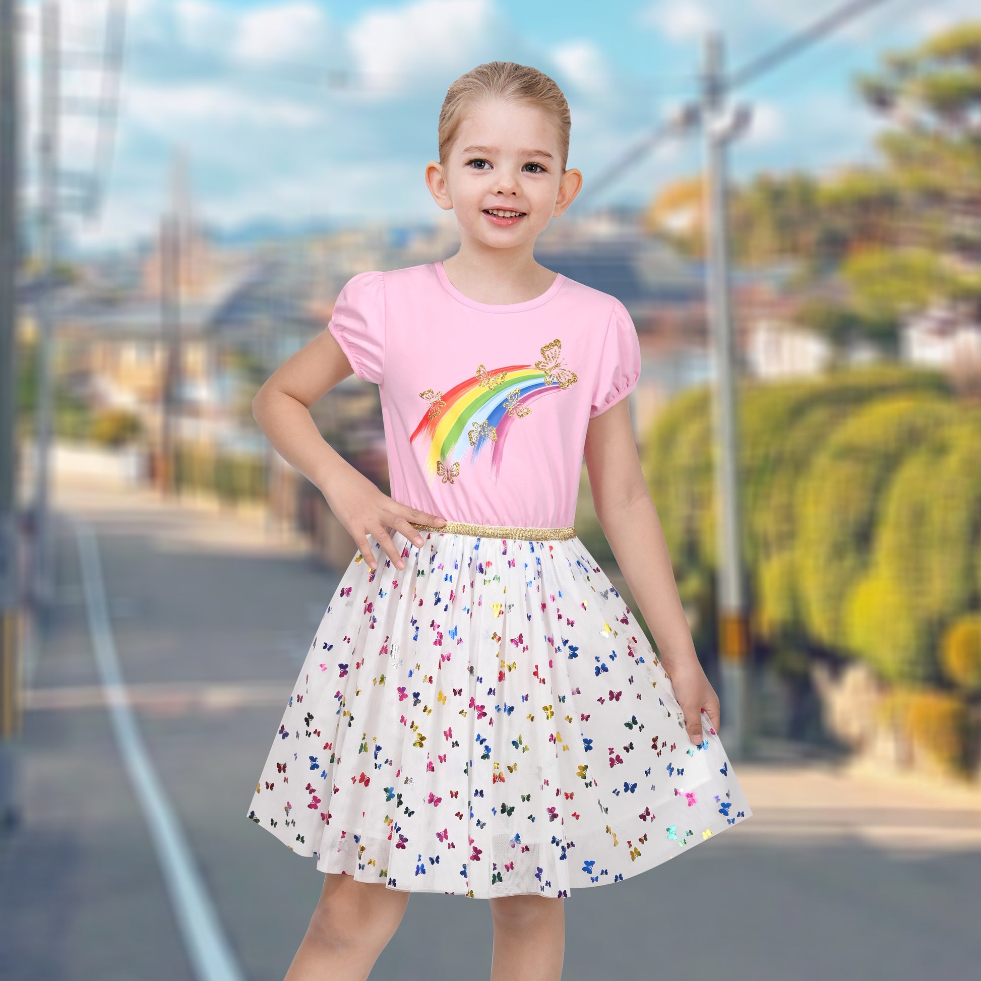 Girls Dress Dancing Girl Print Tutu Short Sleeve Sundress Multi-Color