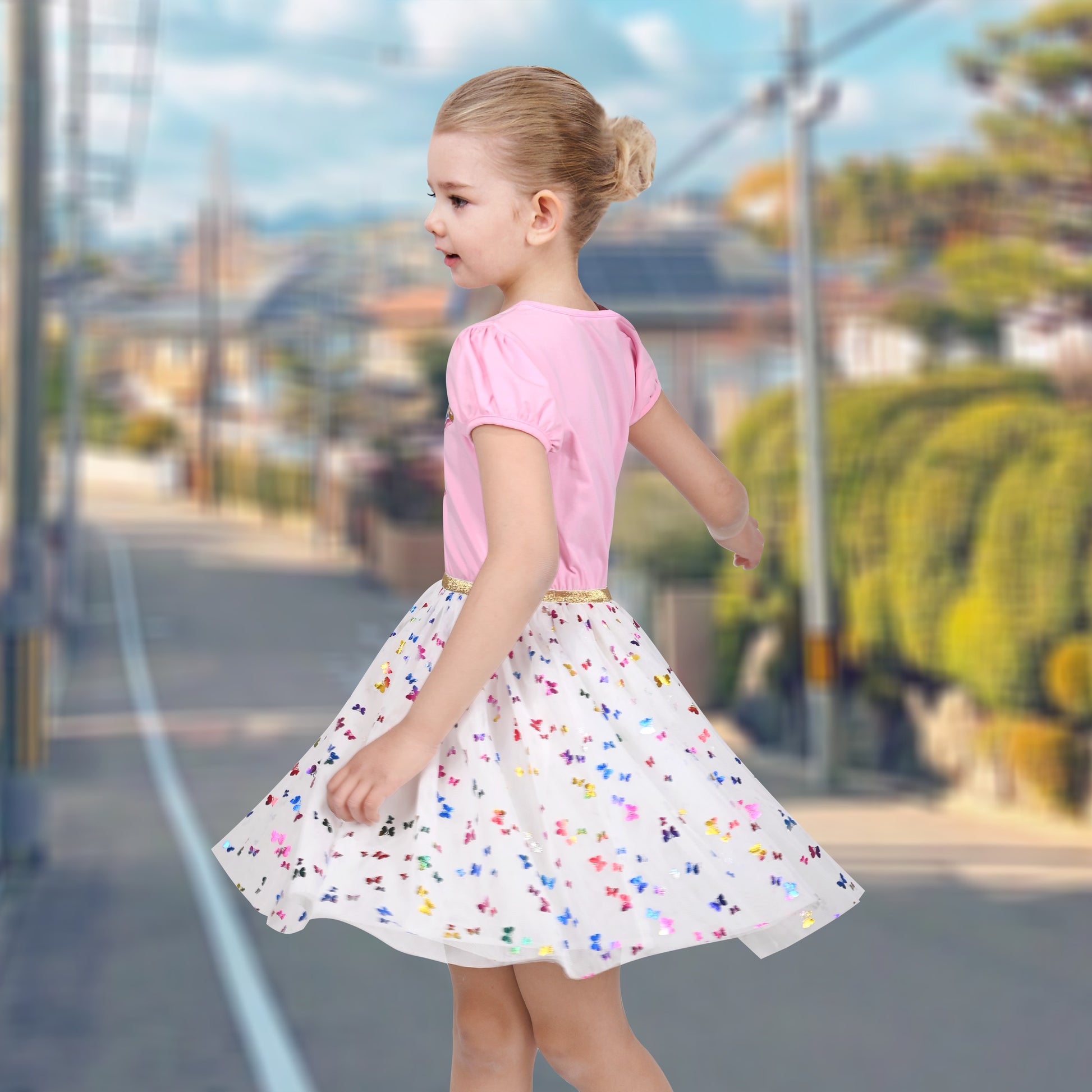 Girls Dress Dancing Girl Print Tutu Short Sleeve Sundress Multi-Color