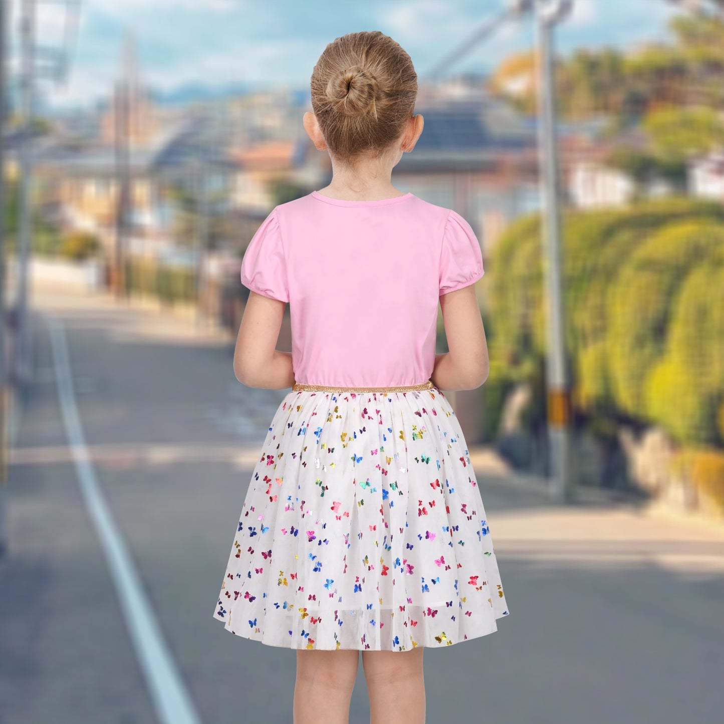 Girls Dress Dancing Girl Print Tutu Short Sleeve Sundress Multi-Color