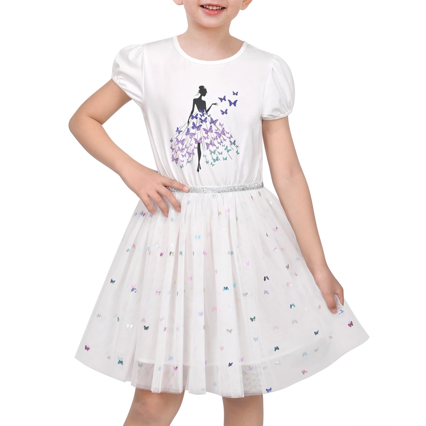 Girls Dress Dancing Girl Print Tutu Short Sleeve Sundress White