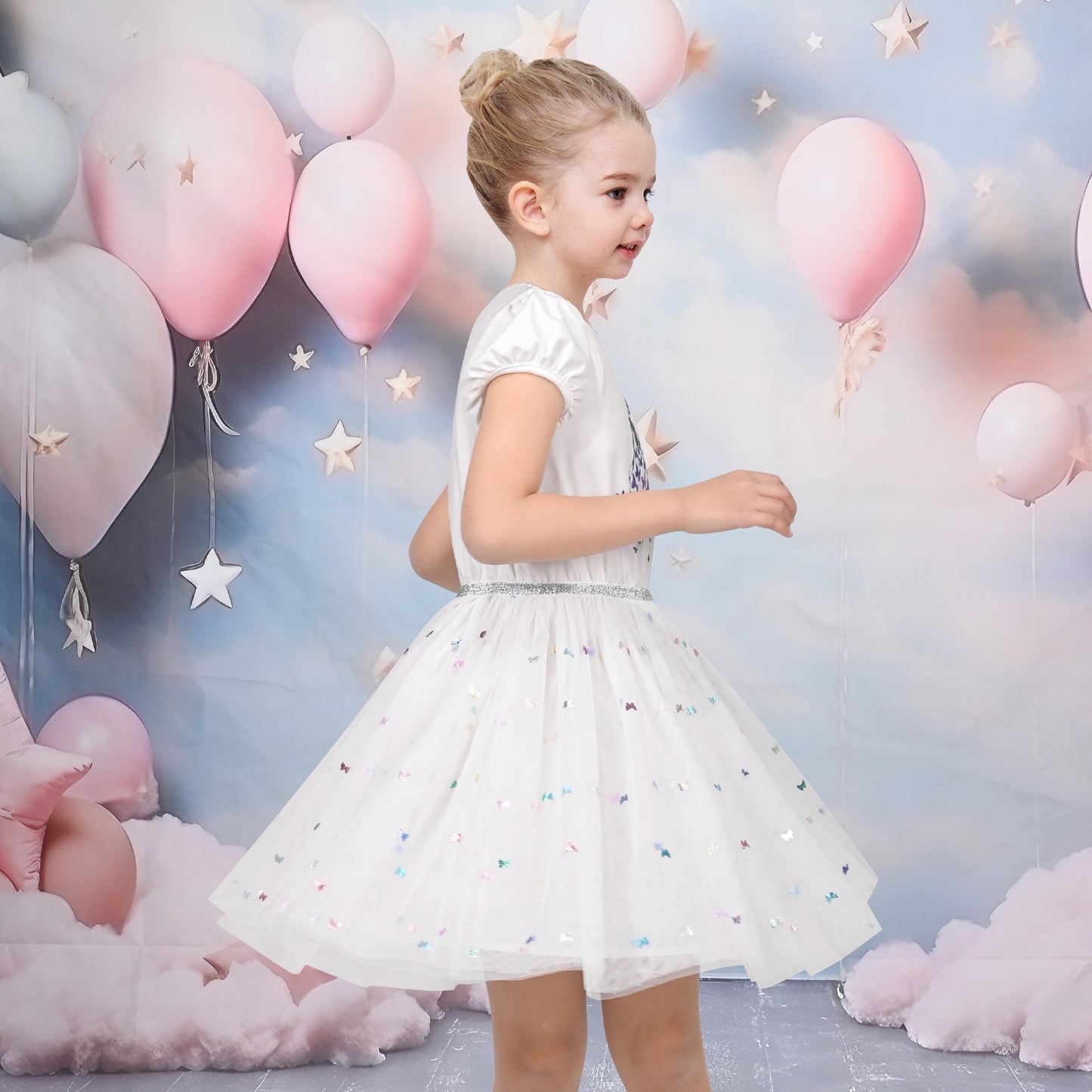 Girls Dress Dancing Girl Print Tutu Short Sleeve Sundress White