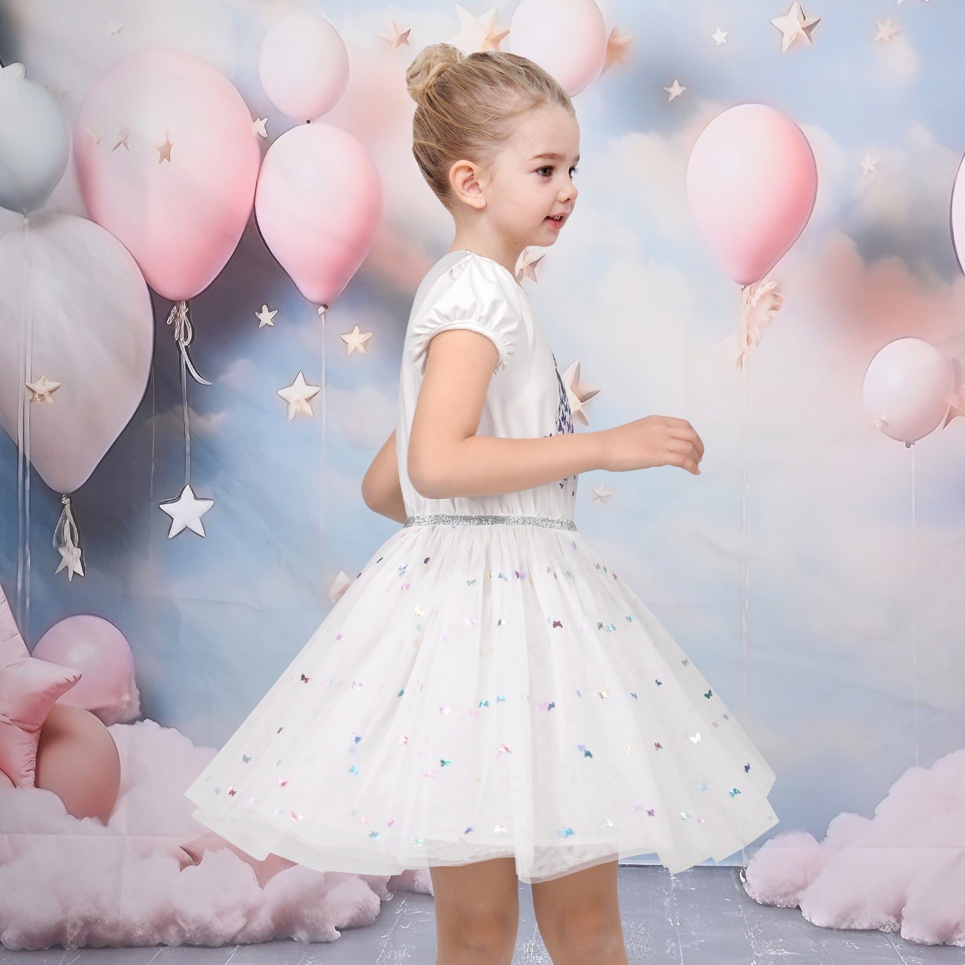 Girls Dress Dancing Girl Print Tutu Short Sleeve Sundress White
