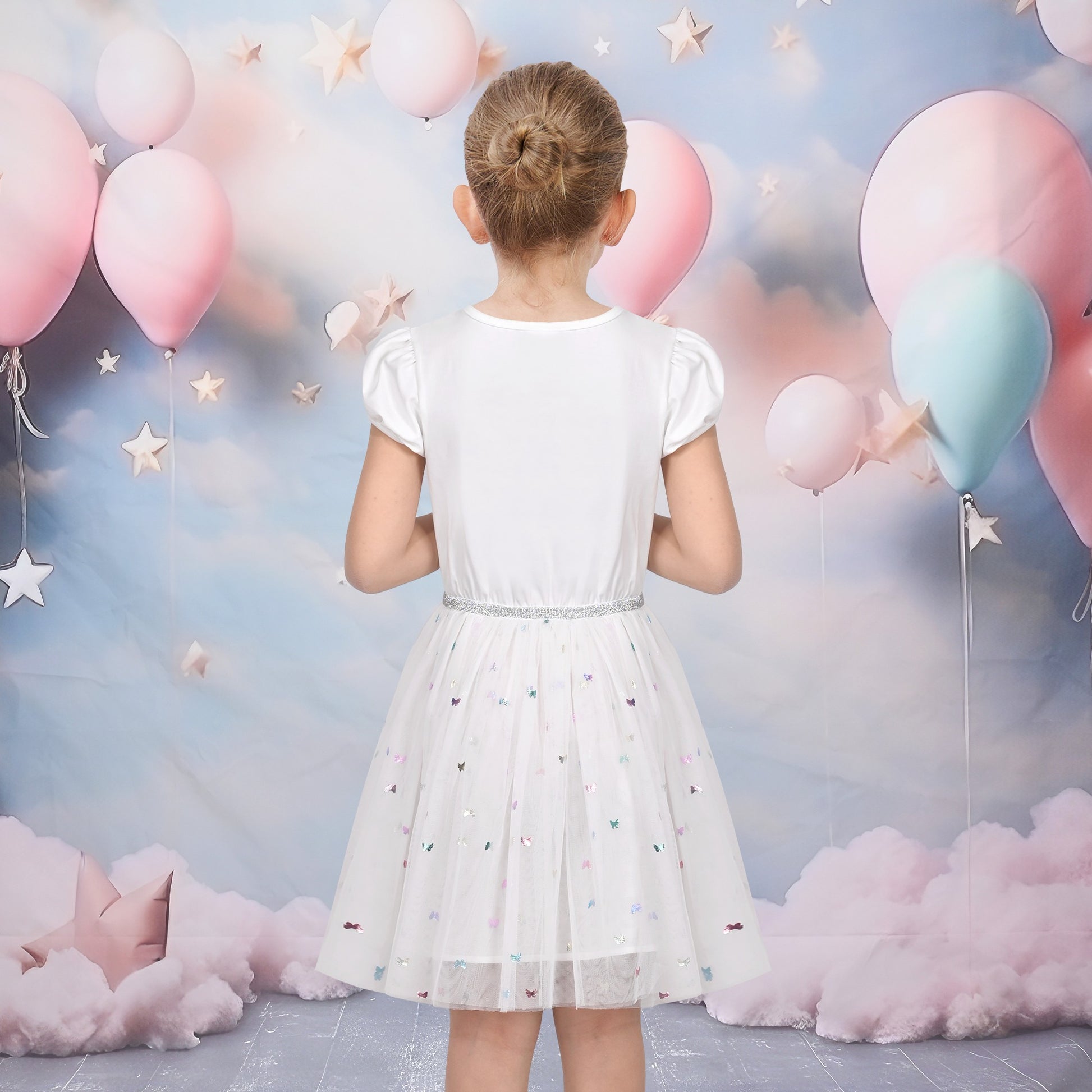 Girls Dress Dancing Girl Print Tutu Short Sleeve Sundress White