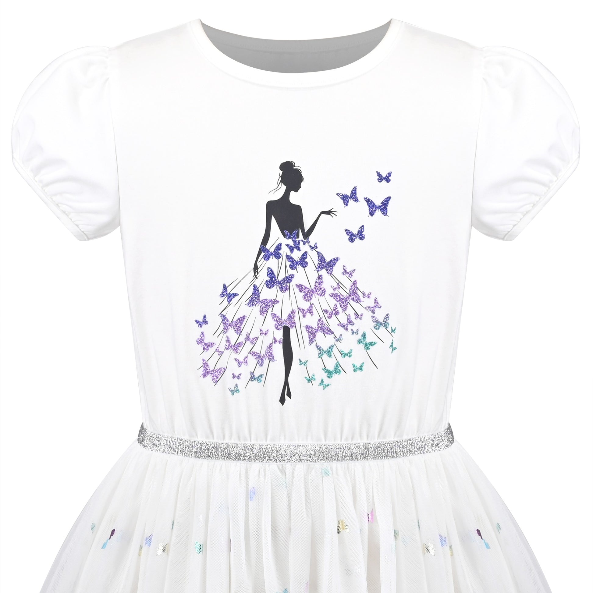 Girls Dress Dancing Girl Print Tutu Short Sleeve Sundress White