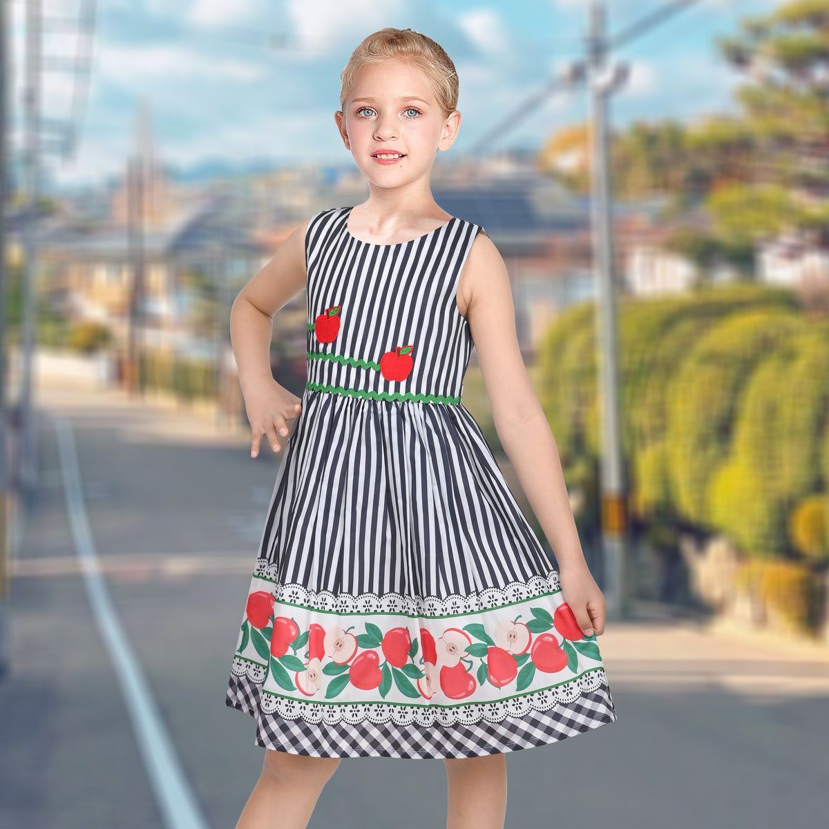 Girls Dress Brown Butterfly Double Bow Tie Party Kids Sundress - Blue Apple