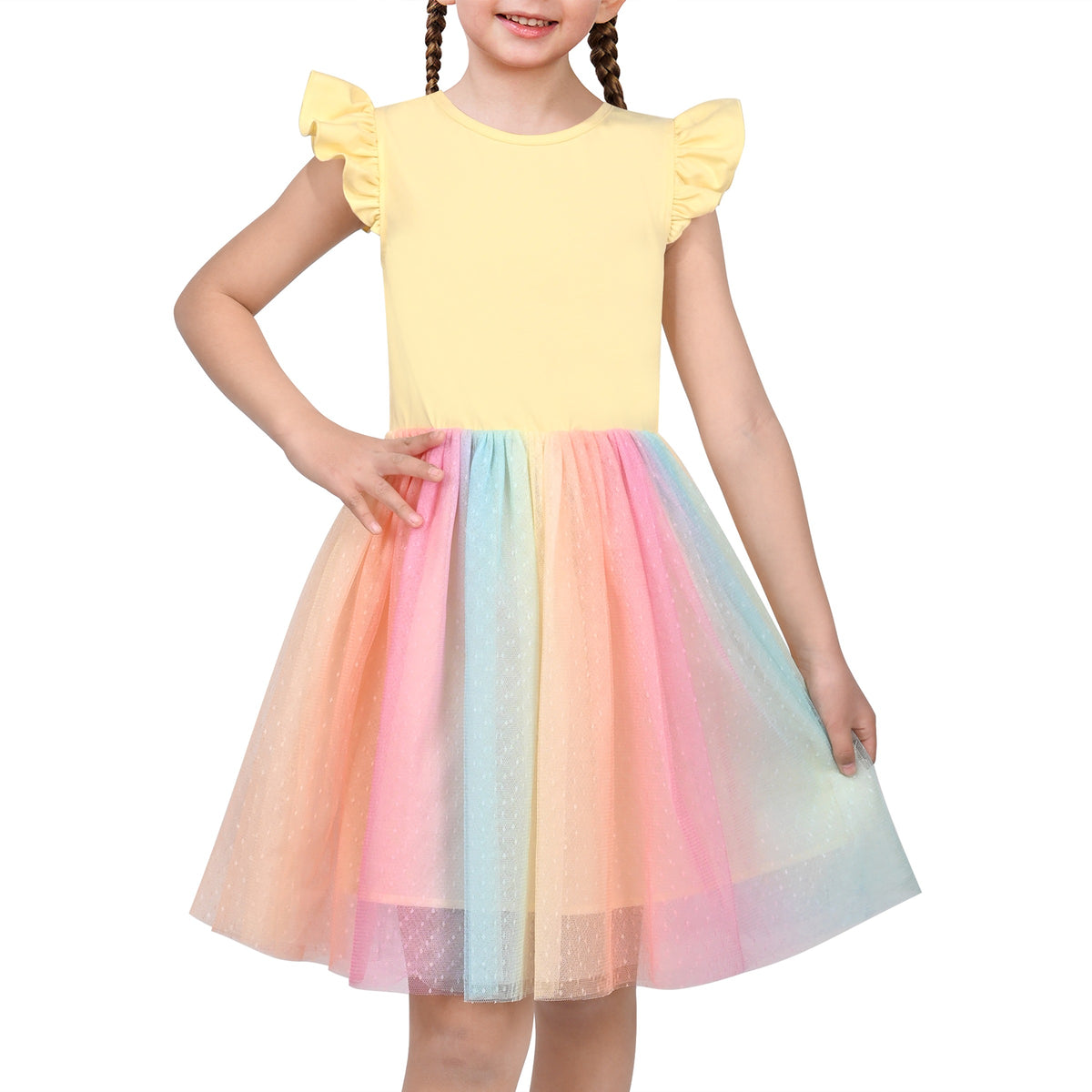 Girls Dress Tutu Skirt Cake Layered Grey Suspender Shiny Star Sleeveless - Yellow Rainbow