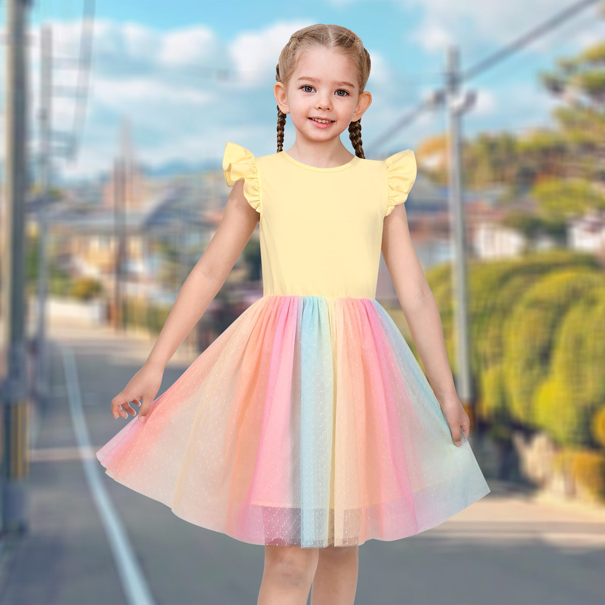 Girls Dress Tutu Skirt Cake Layered Grey Suspender Shiny Star Sleeveless - Yellow Rainbow
