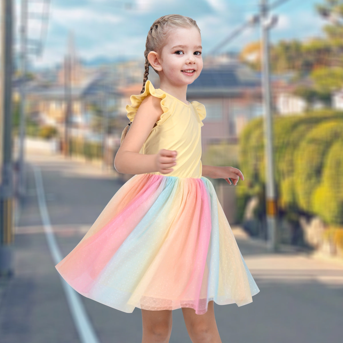 Girls Dress Tutu Skirt Cake Layered Grey Suspender Shiny Star Sleeveless - Yellow Rainbow