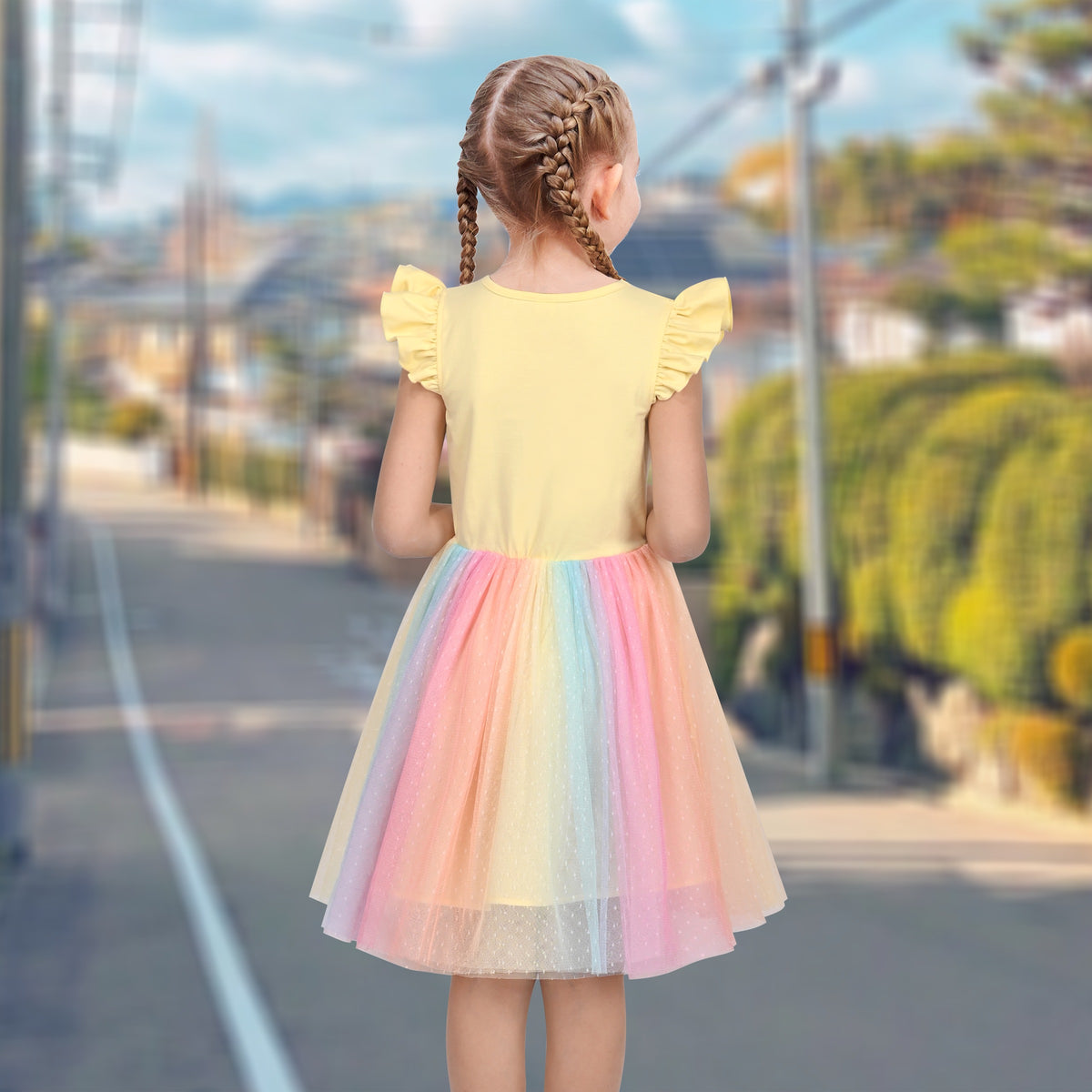 Girls Dress Tutu Skirt Cake Layered Grey Suspender Shiny Star Sleeveless - Yellow Rainbow