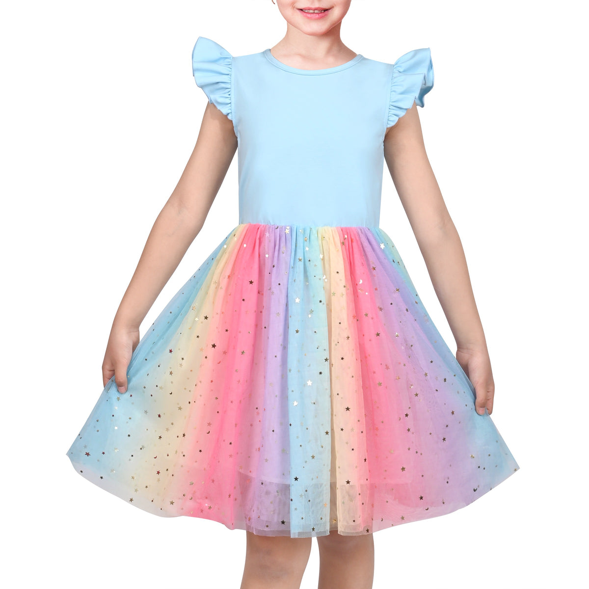 Girls Dress Tutu Skirt Cake Layered Grey Suspender Shiny Star Sleeveless - Blue Rainbow