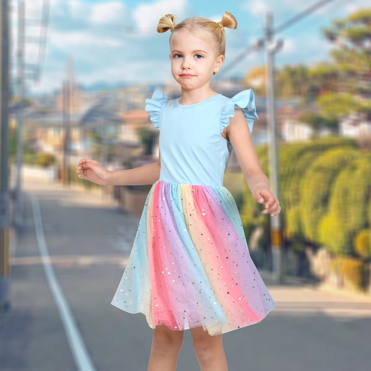 Girls Dress Tutu Skirt Cake Layered Grey Suspender Shiny Star Sleeveless - Blue Rainbow