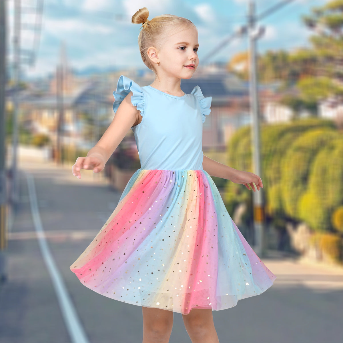 Girls Dress Tutu Skirt Cake Layered Grey Suspender Shiny Star Sleeveless - Blue Rainbow