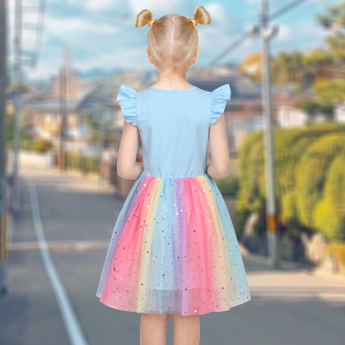 Girls Dress Tutu Skirt Cake Layered Grey Suspender Shiny Star Sleeveless - Blue Rainbow