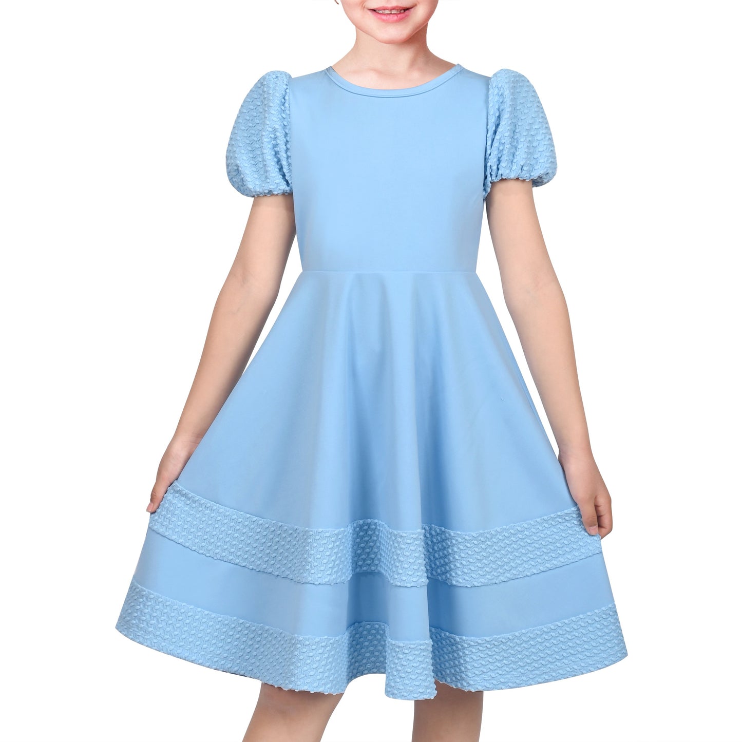 Girls Dress White Solid A-line Retro Puff Sleeve Casual Spring Summer Blue