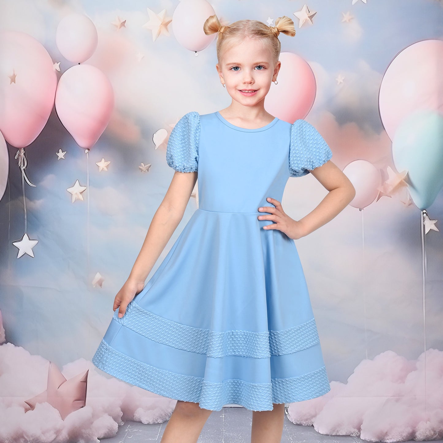 Girls Dress White Solid A-line Retro Puff Sleeve Casual Spring Summer Blue