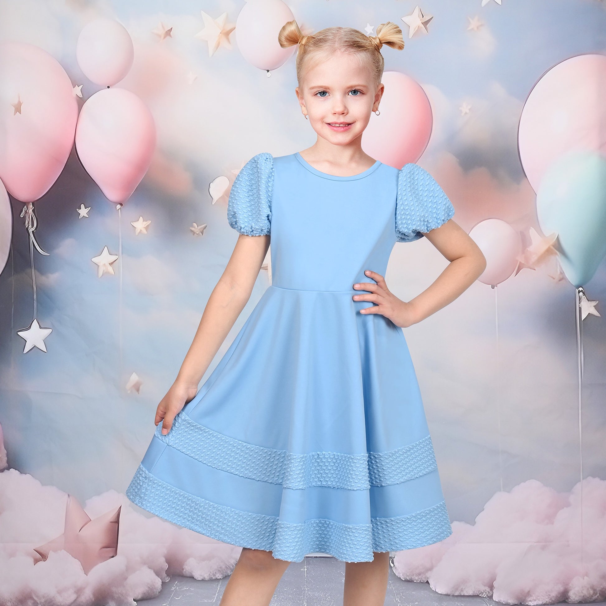 Girls Dress White Solid A-line Retro Puff Sleeve Casual Spring Summer Blue