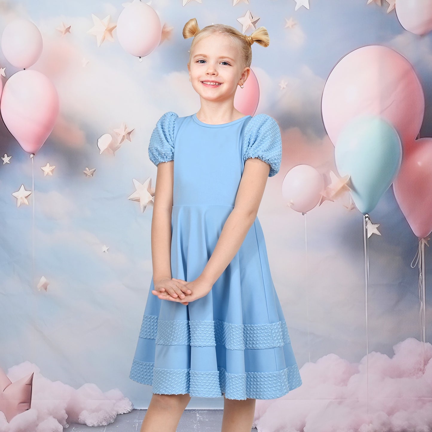Girls Dress White Solid A-line Retro Puff Sleeve Casual Spring Summer Blue