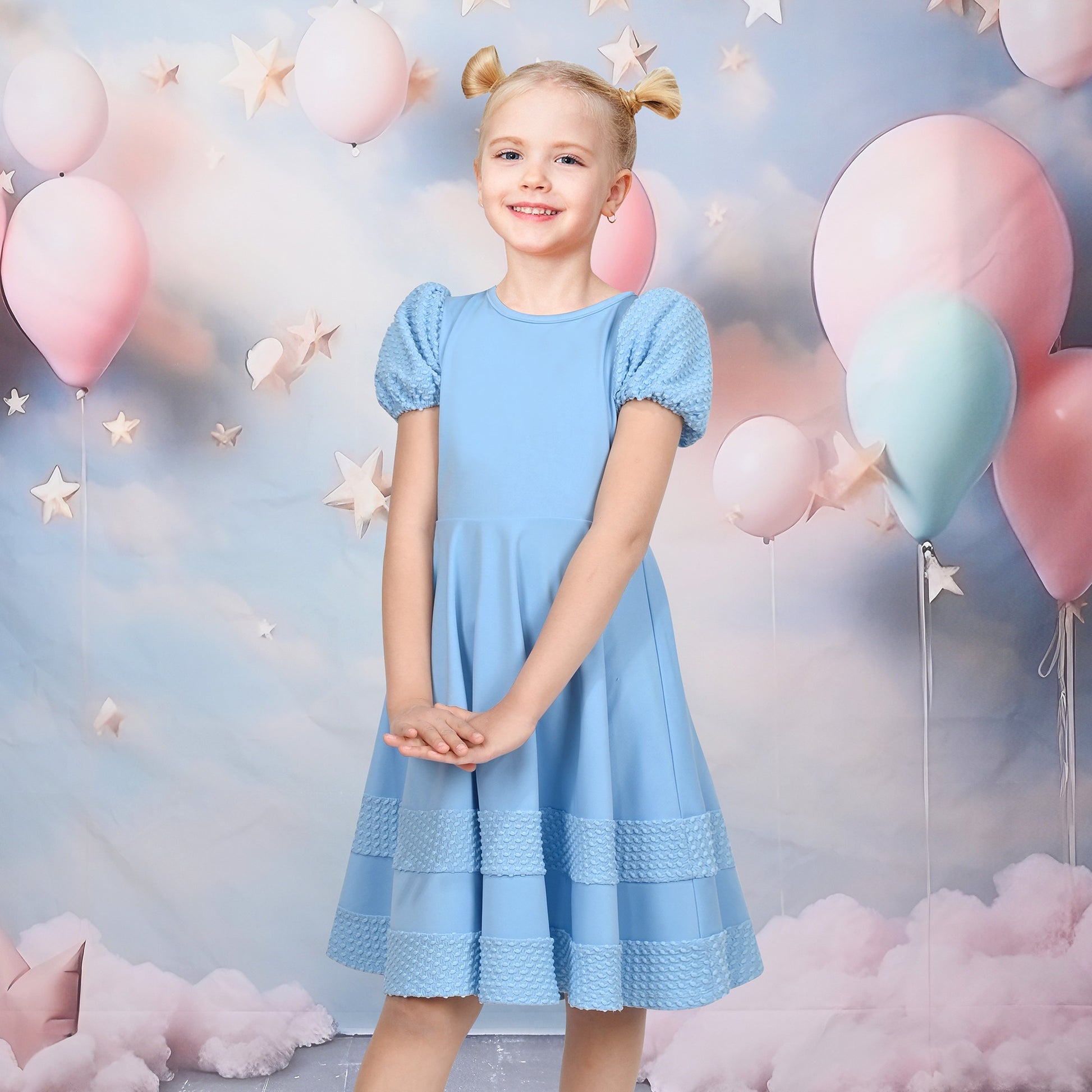 Girls Dress White Solid A-line Retro Puff Sleeve Casual Spring Summer Blue