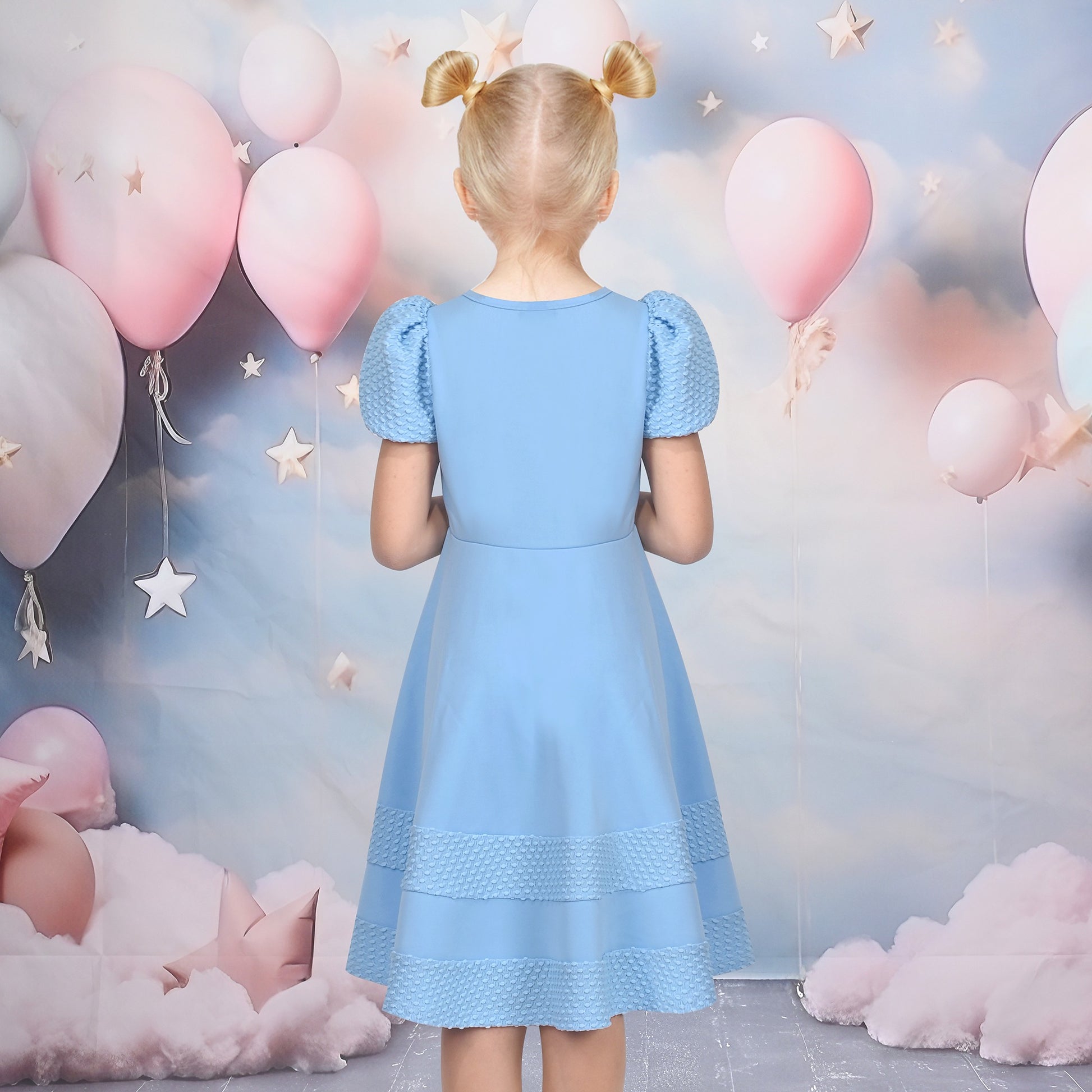 Girls Dress White Solid A-line Retro Puff Sleeve Casual Spring Summer Blue