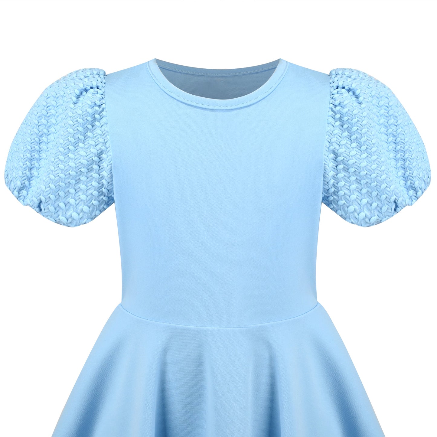 Girls Dress White Solid A-line Retro Puff Sleeve Casual Spring Summer Blue