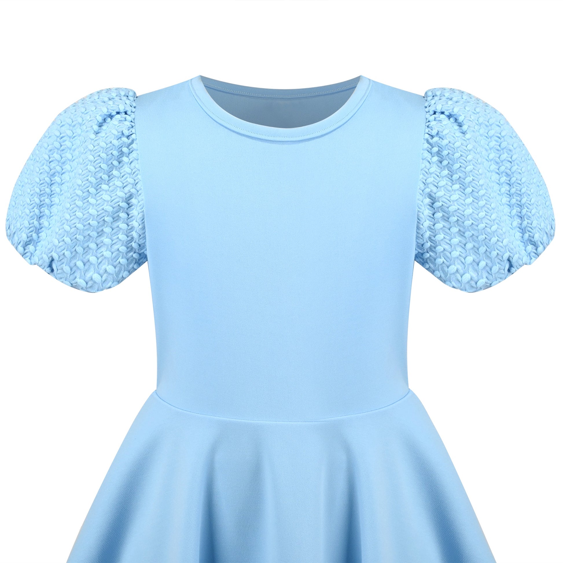 Girls Dress White Solid A-line Retro Puff Sleeve Casual Spring Summer Blue