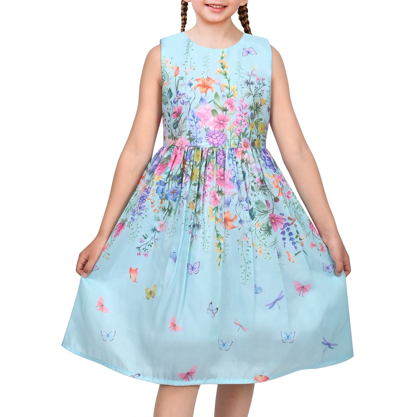 Girls Dress Sunflower Garden Turn-Down Collar Sleeveless Blue