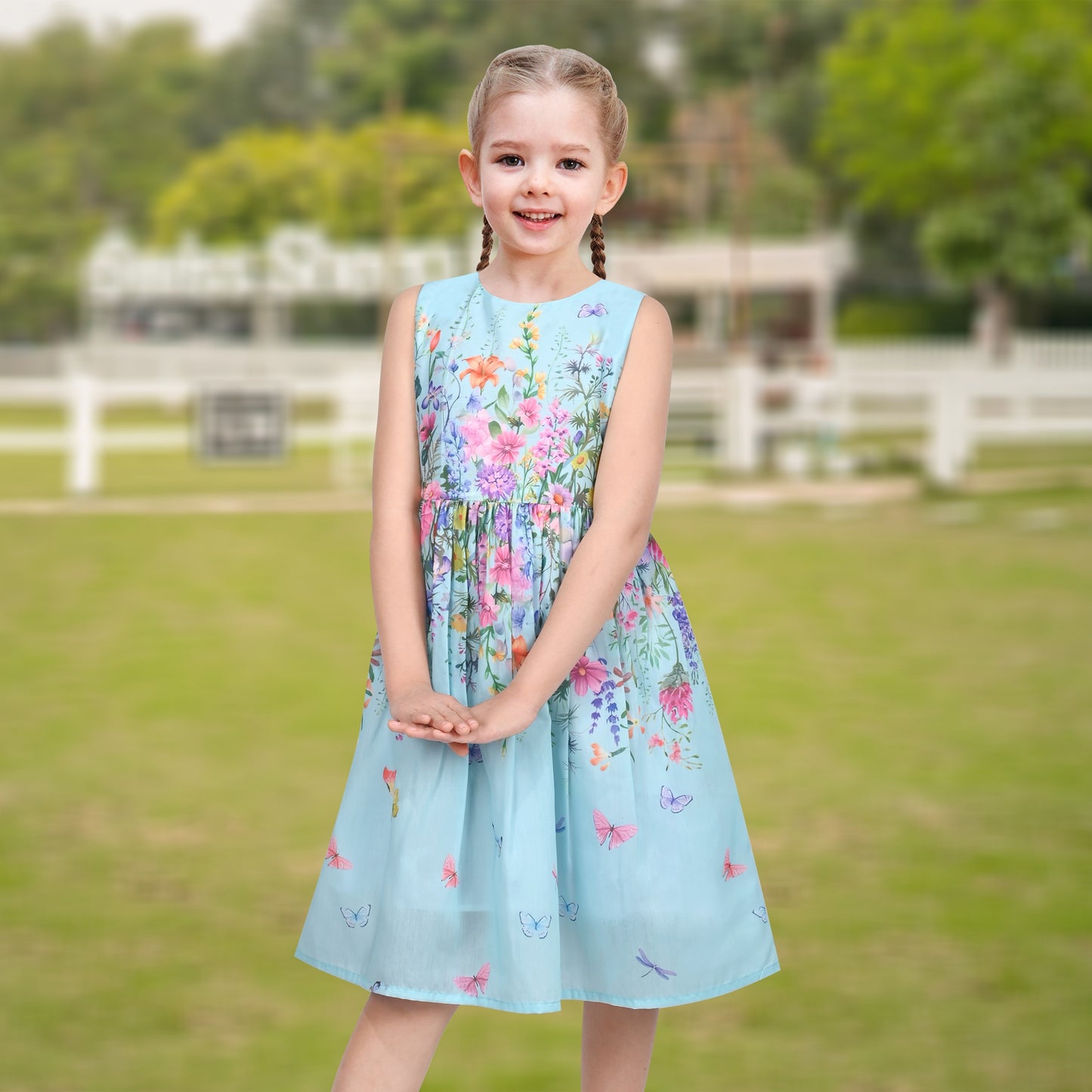 Girls Dress Sunflower Garden Turn-Down Collar Sleeveless Blue