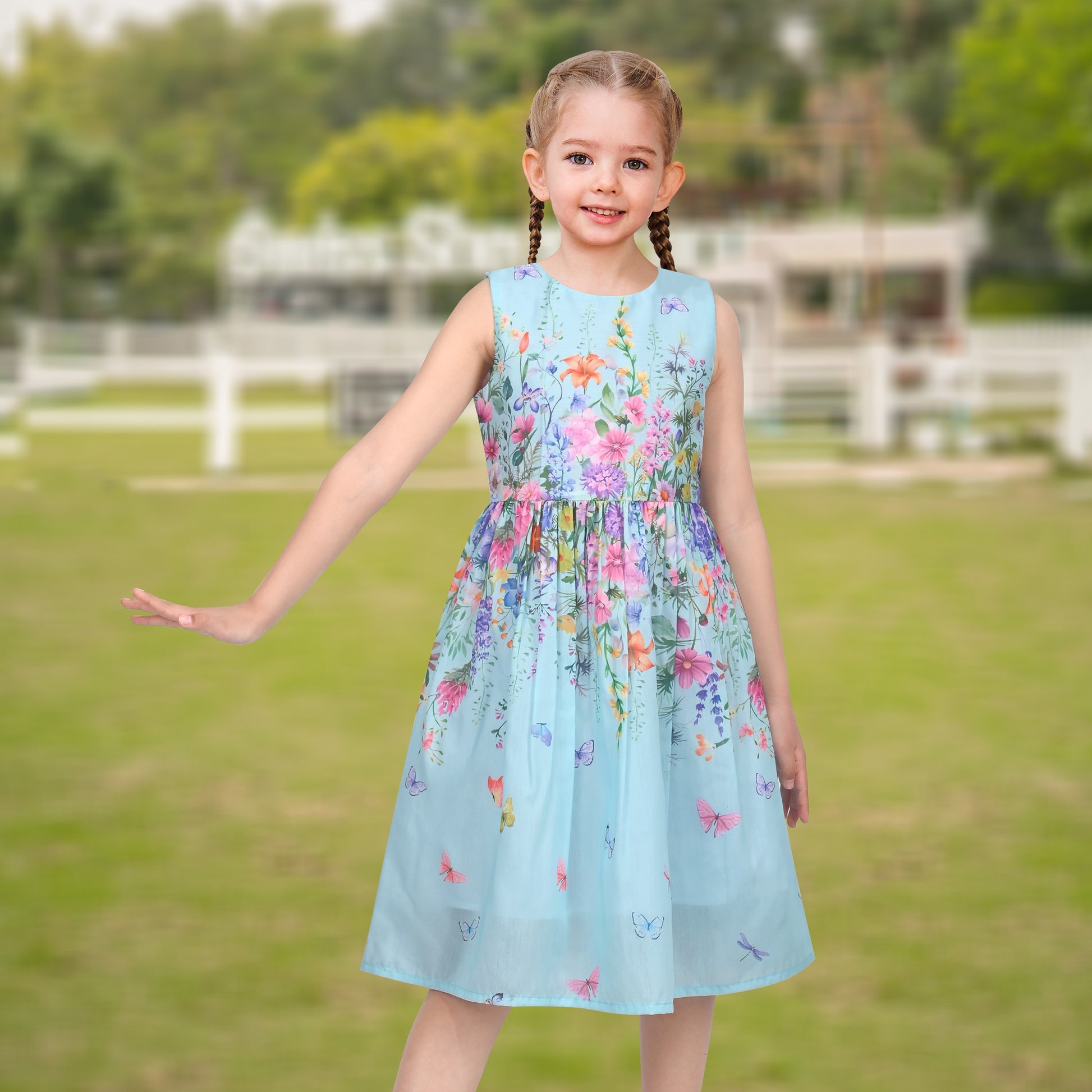 Girls Dress Sunflower Garden Turn-Down Collar Sleeveless Blue