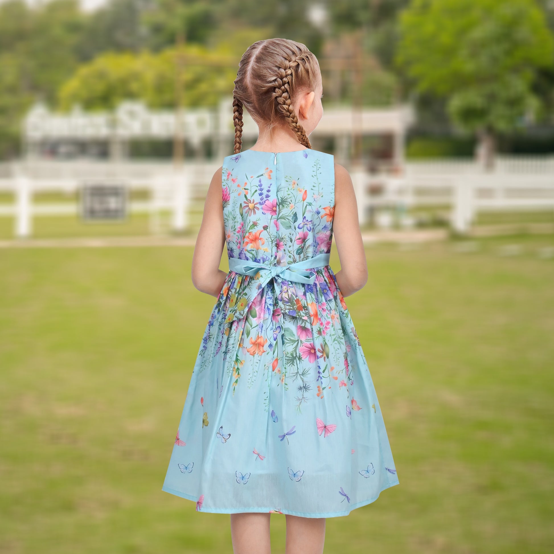 Girls Dress Sunflower Garden Turn-Down Collar Sleeveless Blue
