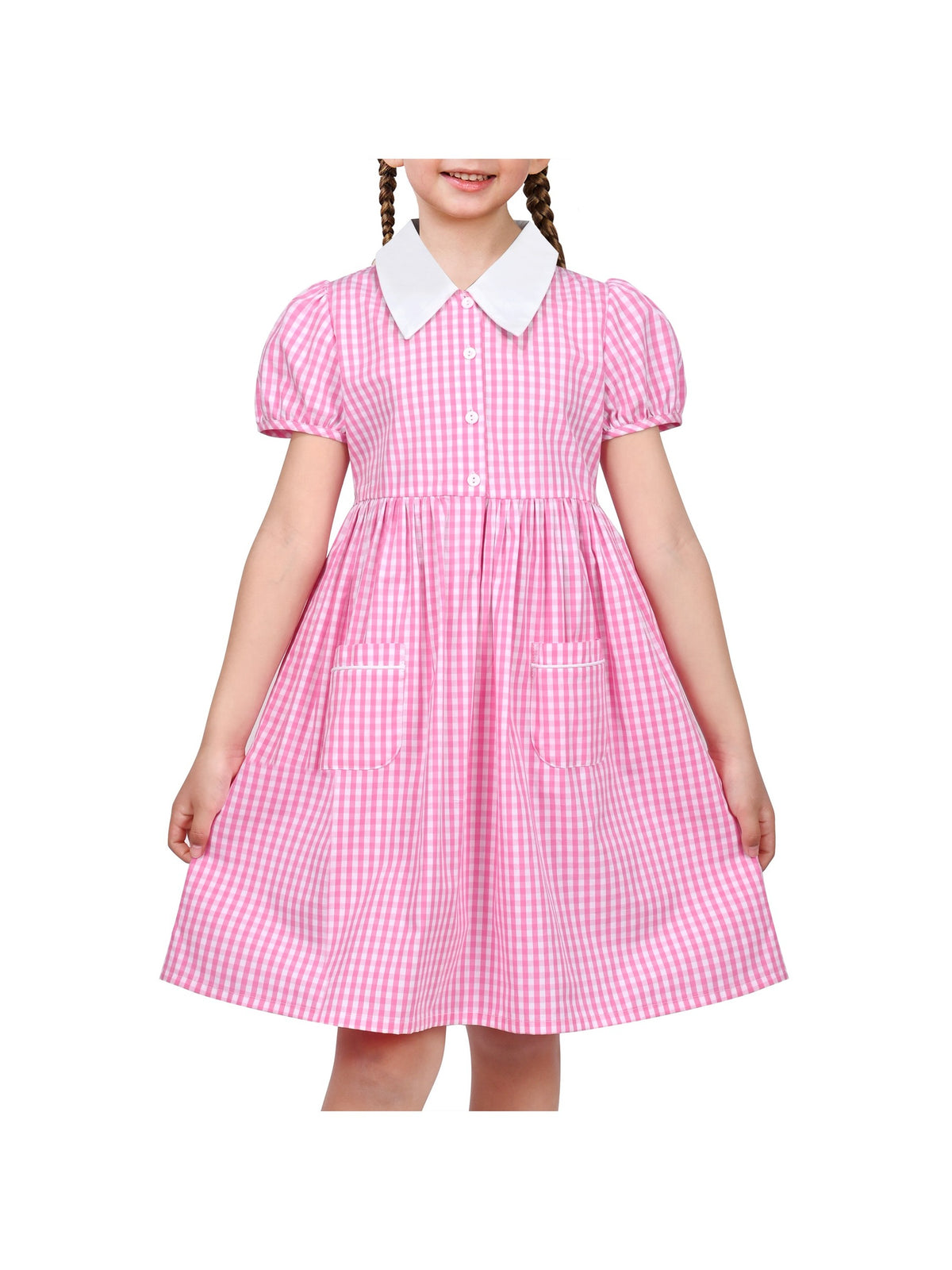 Girls Dress Black Bow Tie Belt School Uniform Front Button Short Sleeves - Pink White